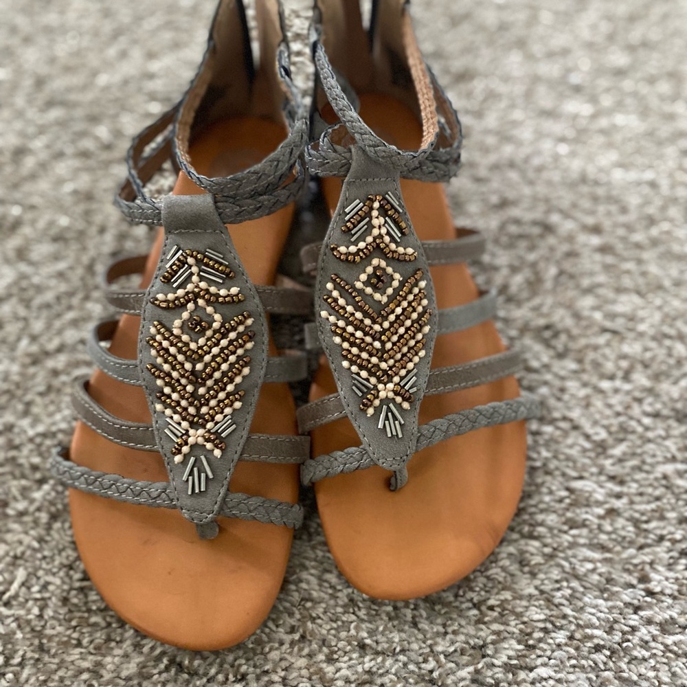 Goodthreads Gray and Tan Gladiator Sandals with Beaded Medallions